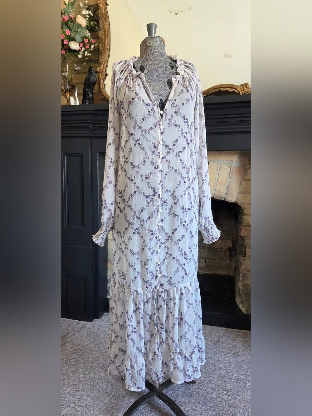Women's Bohemiam Lavender Floral Button-Front Maxi Garden Dress